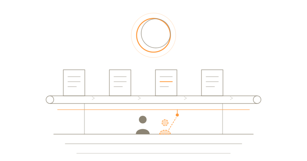 A production line of flawless documents, one of them wrong; below it, a fading junior next to a senior holds the stop cord.